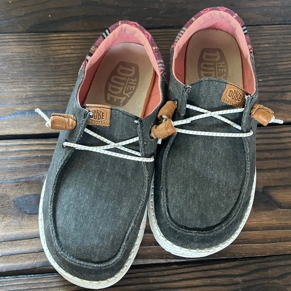 Hey Dude Shoes - Hey Dude Wendy Funk Casual Charcoal with Brown Leather accents Slip on Moccasins